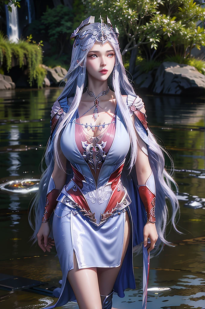 ulzzang-6500-v1.1, pureerosface_v1, best quality, masterpiece, illustration, (realistic, photo-realistic:1.37), amazing, finely detail, masterpiece, best quality, incredibly absurdres, huge filesize, ultra-detailed, highres, beautiful detailed girl, ray tracing, 1girl, korean, long hair, bangs,parted lips, solo,  (standing in water),black brown hair, blush,multicolored eyes, shiny, thighs,(looking at viewer),cowboy shot,huge breasts,