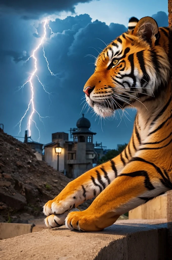 Lightning in the background。Cartoon tiger
