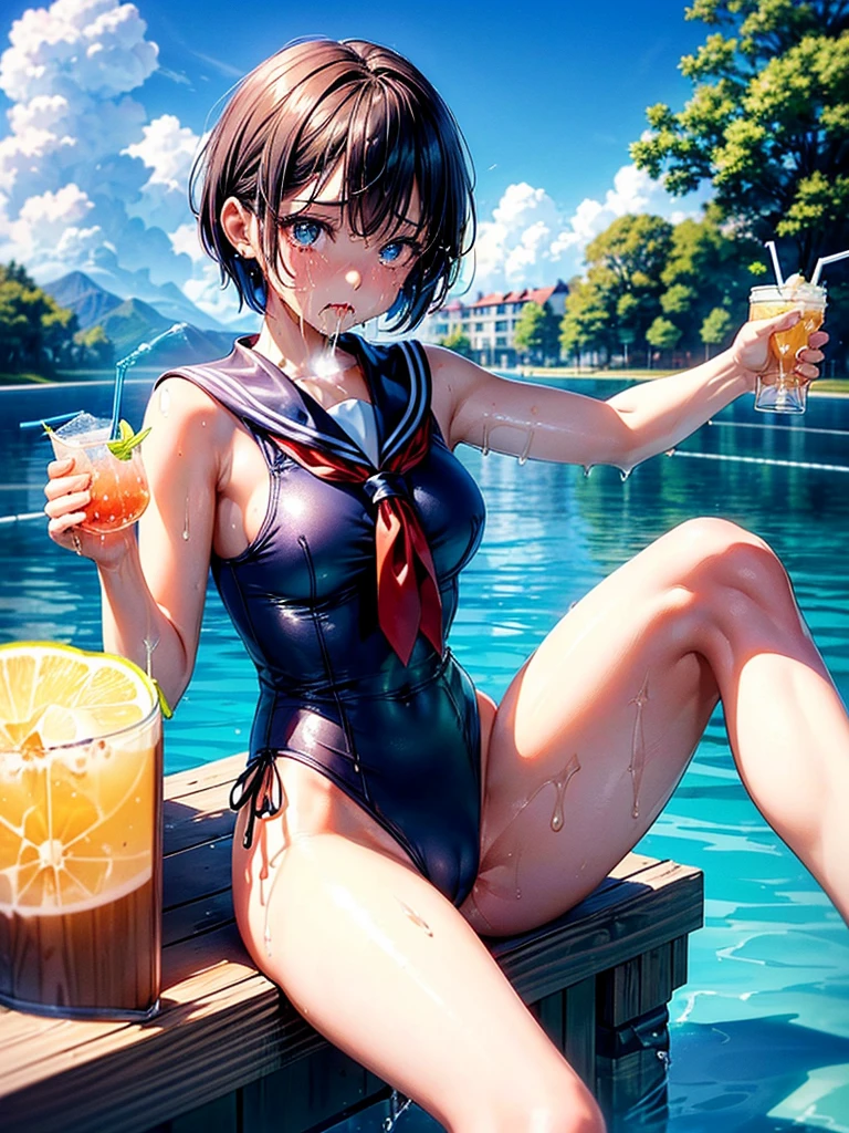 Highest quality,Highest Resolution,Sailor leotard(((2People and above)))A beautiful girl with a crying face,High leg,(((Tback))),Very beautiful eyes,Competition Pool,(((Holding a drink in your hand))),(((Dripping saliva))),sunny,blue sky,sweat profusely,Red tie,whole body,Black short bob,