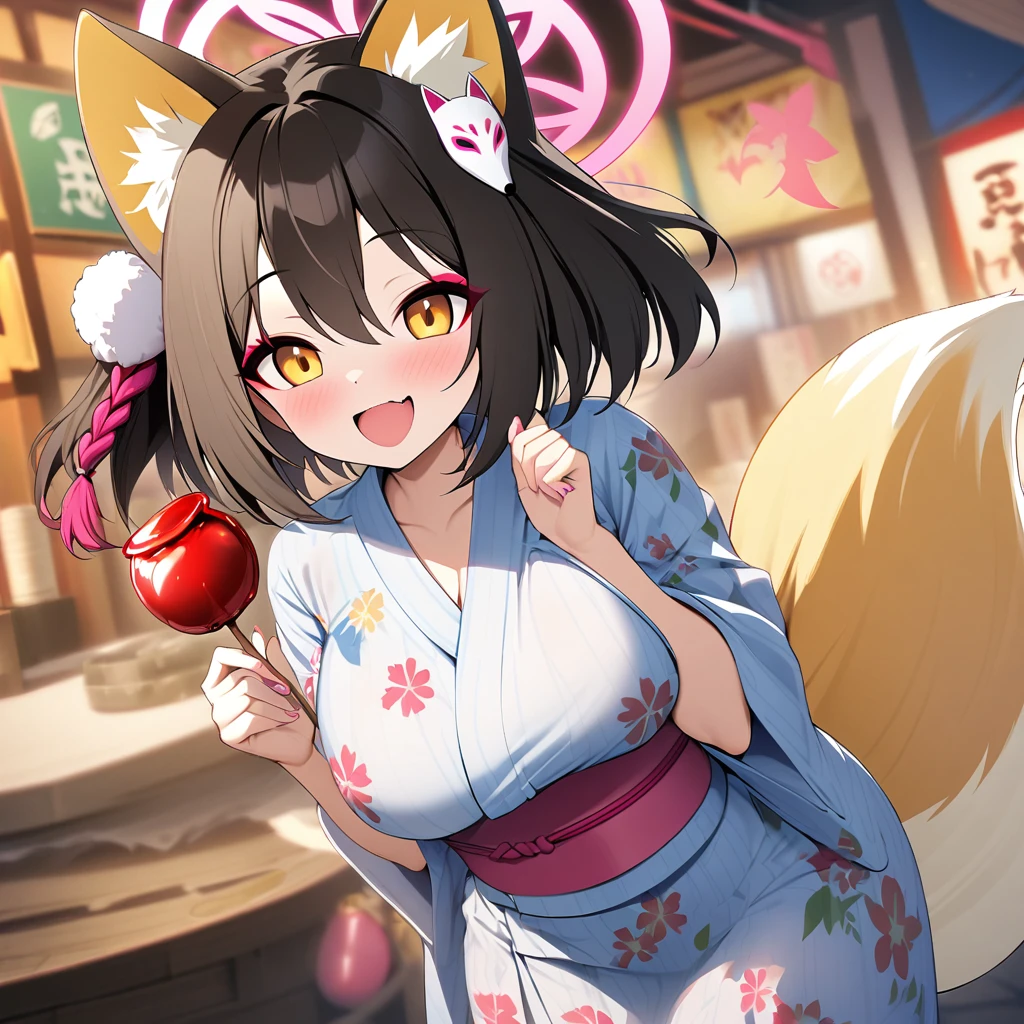 izuna(blue archive),1girl,solo,halo,Females in heat,open mouth,smile,fox ear,one Light brown thick tail,yukata,I have a one candy apple in my hand,super huge breasts,near,looking at viewer,Heart mark,summer festival