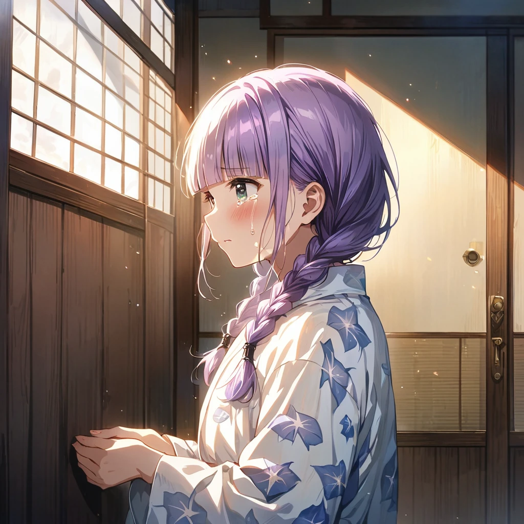 masterpiece, ultra detailed, 8K, full body shot,, a girl, kawaii, light atmosphere, (Cute a girl:1.5), (one girl with pale purple hair, wavy two braids, blunt bangs hair, green and black eyes :1.4), anime visual, (tilt head:1.3), extremely delicate face, realistic lighting and shading, (an extremely delicate and beautiful art:1.3),Watercolor painting, blush,
back view, Wearing a white yukata Morning glory pattern, A tatami room, A girl who is hated and pessimistic is crying loudly, covering her eyes with both hands, tears overflowing,