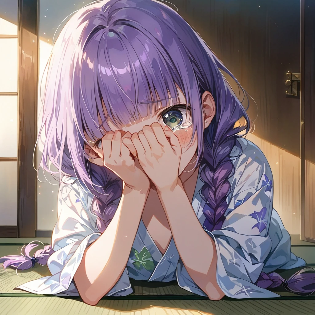 masterpiece, ultra detailed, 8K, full body shot,, a girl, kawaii, light atmosphere, (Cute a girl:1.5), (one girl with pale purple hair, wavy two braids, blunt bangs hair, green and black eyes :1.4), anime visual, (tilt head:1.3), extremely delicate face, realistic lighting and shading, (an extremely delicate and beautiful art:1.3),Watercolor painting, blush,
 back view, Wearing a white yukata Morning glory pattern, A tatami room, A girl who is hated and pessimistic is crying loudly, covering her eyes with both hands, tears overflowing,