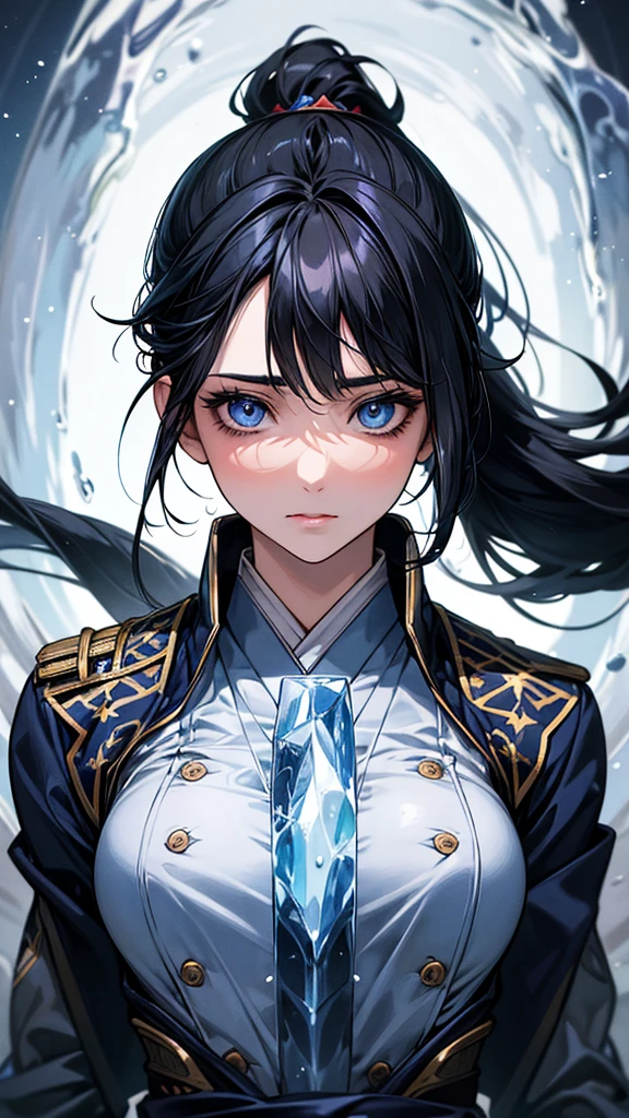 Highest quality, Ultra-high resolution, (Realistic: 1.4), Beautiful eyes, Super beautiful, Beautiful beauty, One person、Wizard, Japanese style dark blue tones、water and ice、whole body、(Black Hair、ponytail),Beautiful soldier, Eyes that beckon, Droopy eyeistress's point of view, Attractive look, Fearless smile, (Perfect Anatomy, Anatomically correct, Highly detailed skin), Dancing,
