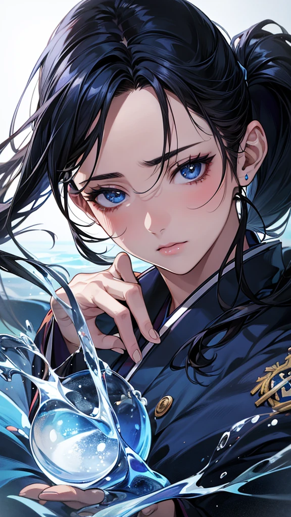 Highest quality, Ultra-high resolution, (Realistic: 1.4), Beautiful eyes, Super beautiful, Beautiful beauty, One person、Wizard, Japanese style dark blue tones、water and ice、whole body、(Black Hair、ponytail),Beautiful soldier, Eyes that beckon, Droopy eyeistress&#39;s point of view, Attractive look, Fearless smile,  (Perfect Anatomy, Anatomically correct, Highly detailed skin), Dancing, 