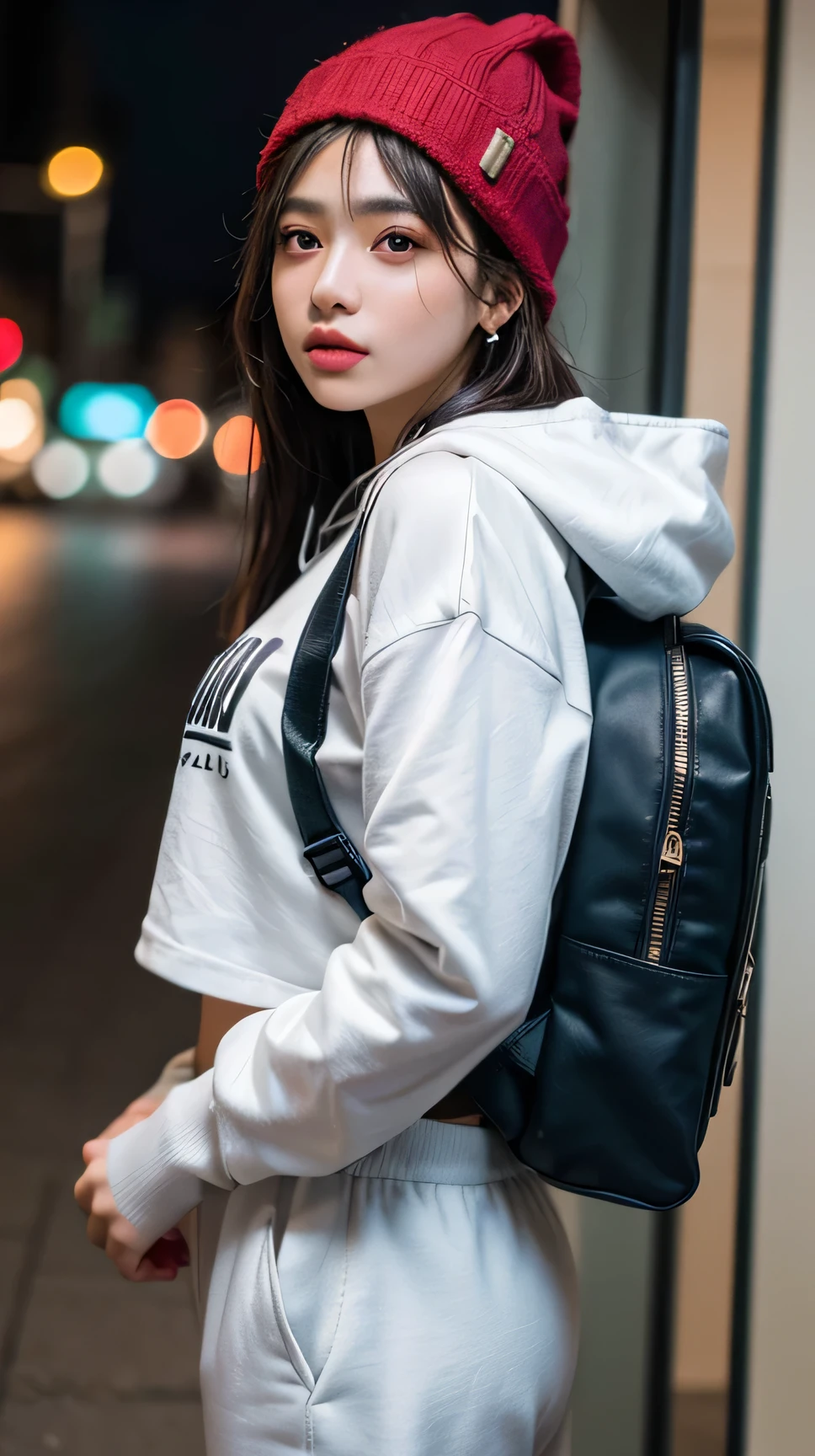 masterpiece, best quality, extremely detailed, cinematic lightning, intricate detail, highres, official art, finely detailed beautiful face and eyes, high resolution illustration, 8k, depth of field, bokeh, solo, 1girl, wearing Co-ord set with a cropped hoodie and joggers, Accessorize with a beanie hat, sporty backpack, and hoop earrings