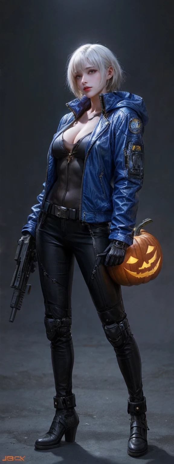 1girl, solo, realistic, cyberpunk, cyborg, halloween,  jack-o'-lantern, mechanical arms, blue jacket, Without pants，pumpkin, science fiction, simple background, gloves, standing, urban techwear, outfit，