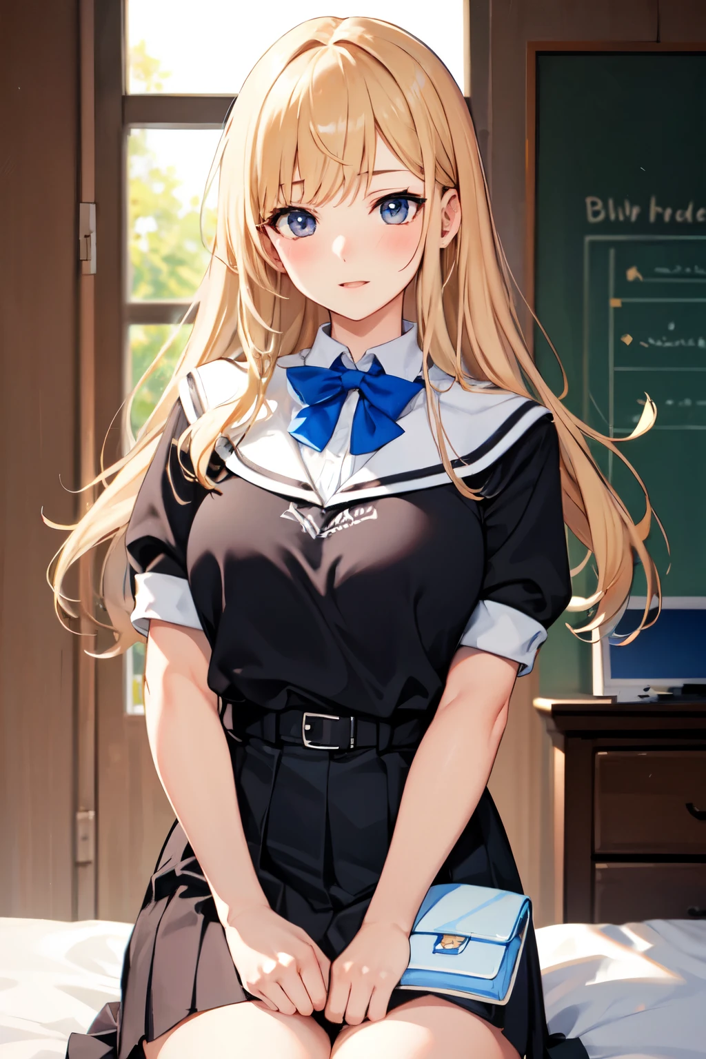 (masterpiece:1.2, top-quality), (realistic, photorealistic:1.4), beautiful illustration, (natural side lighting, movie lighting), nsfw, 
looking at viewer, 1 girl, japanese, high school girl, perfect face, cute and symmetrical face, shiny skin, 
(long hair, drill hair, blonde hair), hair between eyes, gold eyes, long eye lasher, (medium breasts), slender, 
beautiful hair, beautiful face, beautiful detailed eyes, beautiful clavicle, beautiful body, beautiful chest, beautiful thigh, beautiful legs, beautiful fingers, 
(YurigaokaUniform), 
(beautiful scenery), morning, (classroom), sitting, (lovely smile, upper eyes, parted lips),