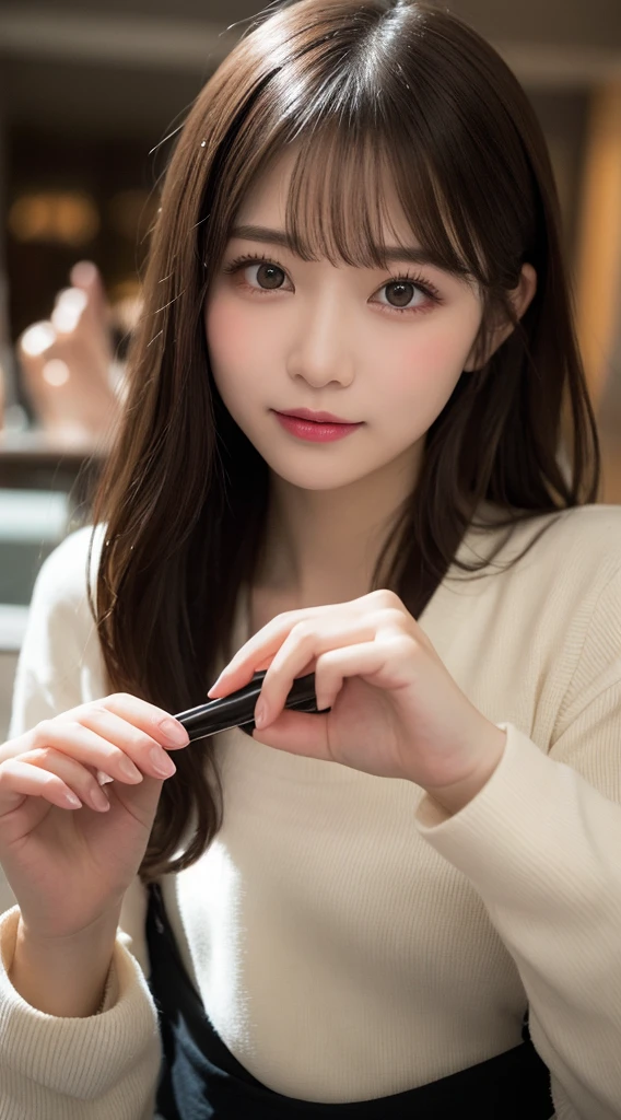 Tabletop, Highest quality, shape, Very detailed, finely, High resolution, 8k wallpaper, 完璧なダイナミックな構shape, Beautiful and exquisite,ランダムなcute髪,,Natural color lip、20-year-old girl、cute、Looking into the camera,Always blur the background,Perfect and beautiful face,Slim face and figure,Big eyes、Putting on gal makeup,Small face,Shooting from below、Blurred Background,Elegant feminine face、Cyberpunk Fashion、smile、Change pose randomly、Randomly change the shooting angle and position、One person、Cinderella、Real Photo、Raw photo、Real human skin,finely描かれた肌:1,4