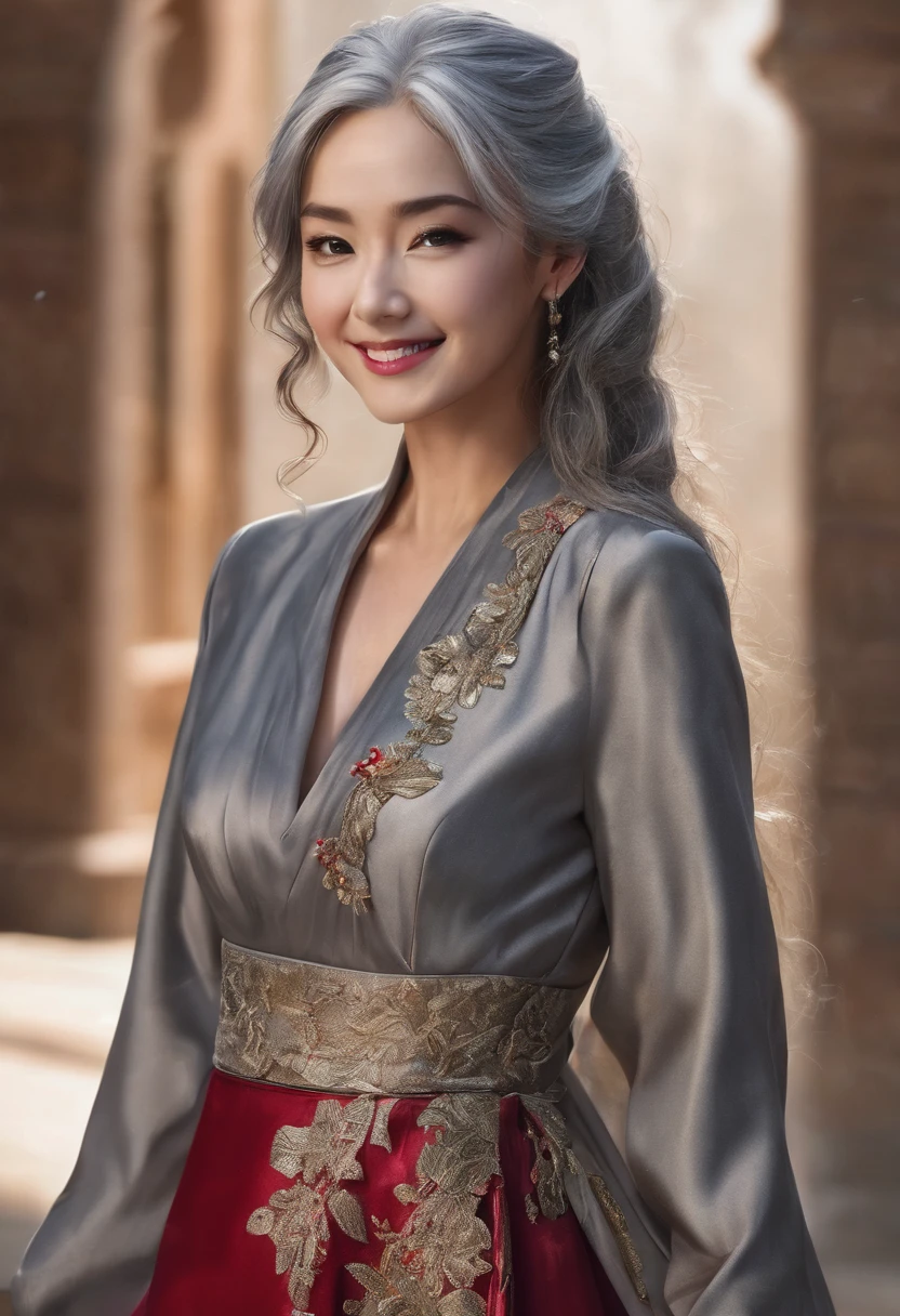 head back ((8k, RAW photos, top quality, masterpieces), high-definition RAW color photos professional close-up photos, (realistic, photorealism: 1.37), (highest quality), (best shadows), (best illustrations), collarbones ((big)), ((erotic, sexy, ultra high resolution, high-definition CG unified 8K wallpapers, physically based rendering, movie lighting) lifelikewoman 60 years old,middle distance, gray hair, red dress_ coy smile,