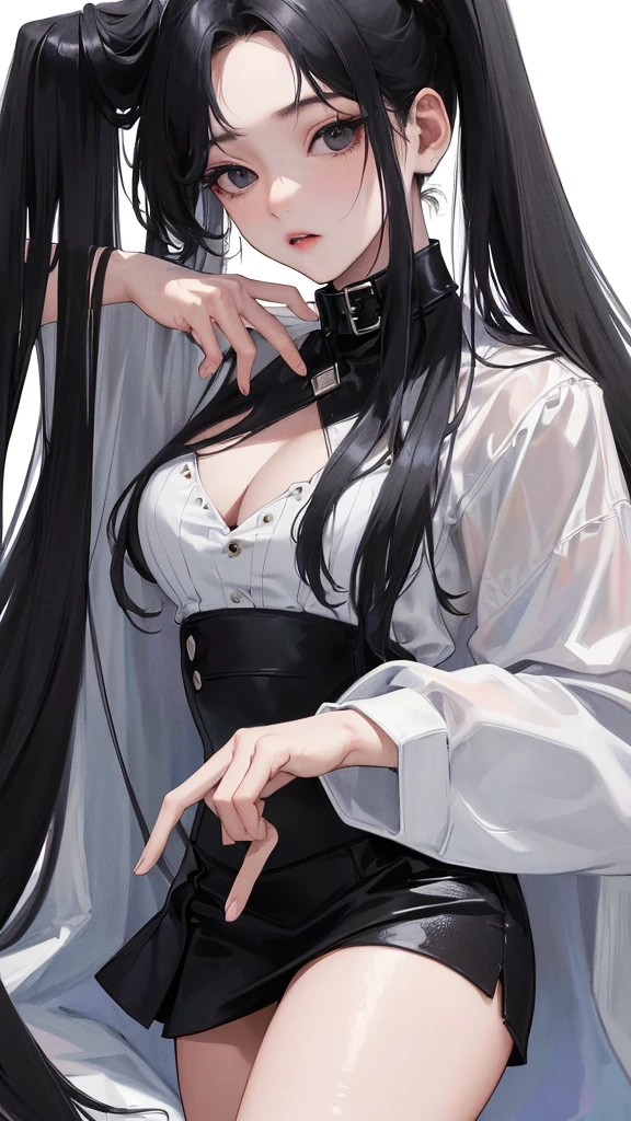(Top resolution、Distinct_image)top-quality、femele、masterpiece、highly detailed、Semi-realistic、 black eyes、18year old、young、Exquisite facial features、Facial features、unique hairstyle, variations, potrait, white background, , long straight hairstyles , cold wear black luxury miniskirt, millionaire, boss, rich