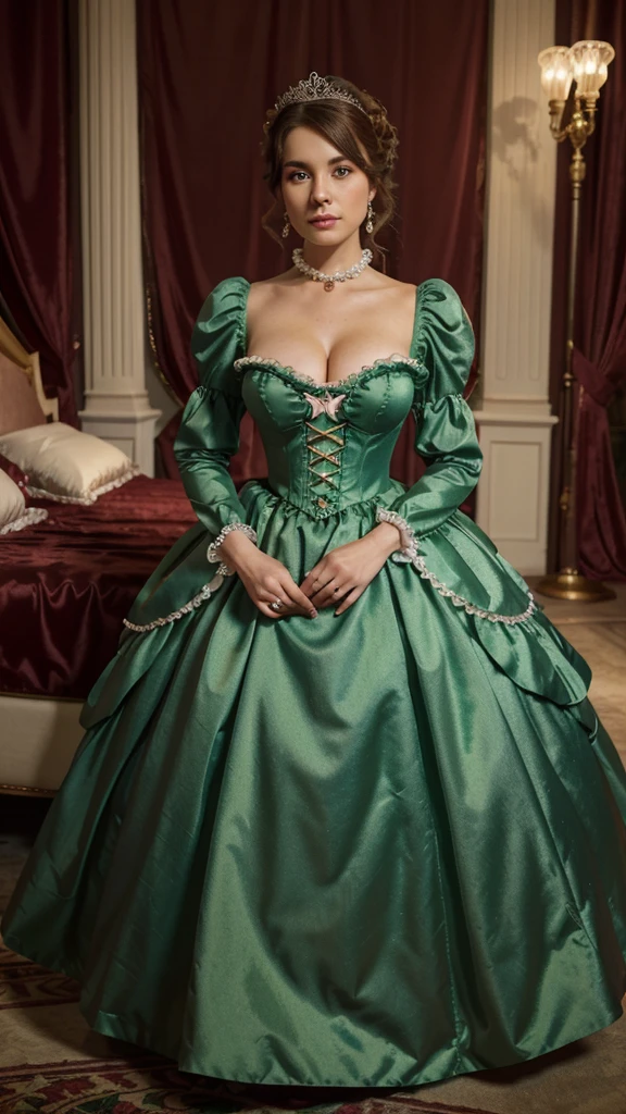 There stands a woman in a light green satin Quinceanrra ruffled dress with long puff sleeves and gloves and a stand-up collar in front of a bed, light green dress, Anime Princess, lovely, lazy princess, long dress, lovely weibliche Prinzessin, lovely Prinzessin, elegantes glamouröses Cosplay, Nice costume, medieval princess, high-quality costume, Fantasy dress, Rococo style dress, Victorian dress, fully covered dress, royal dress, lovely Königin, wearing a wonderful dress,reifrock,coseted women with big breasts,diamond Collar,diamonds big earrings, Updo decorated with pearls,high heels, Full body photo, lascivious look,ruffles, many ruffles,detailed Face, long eyelashes, colorful eye shadow, Pink Lipgloss, Kussmund