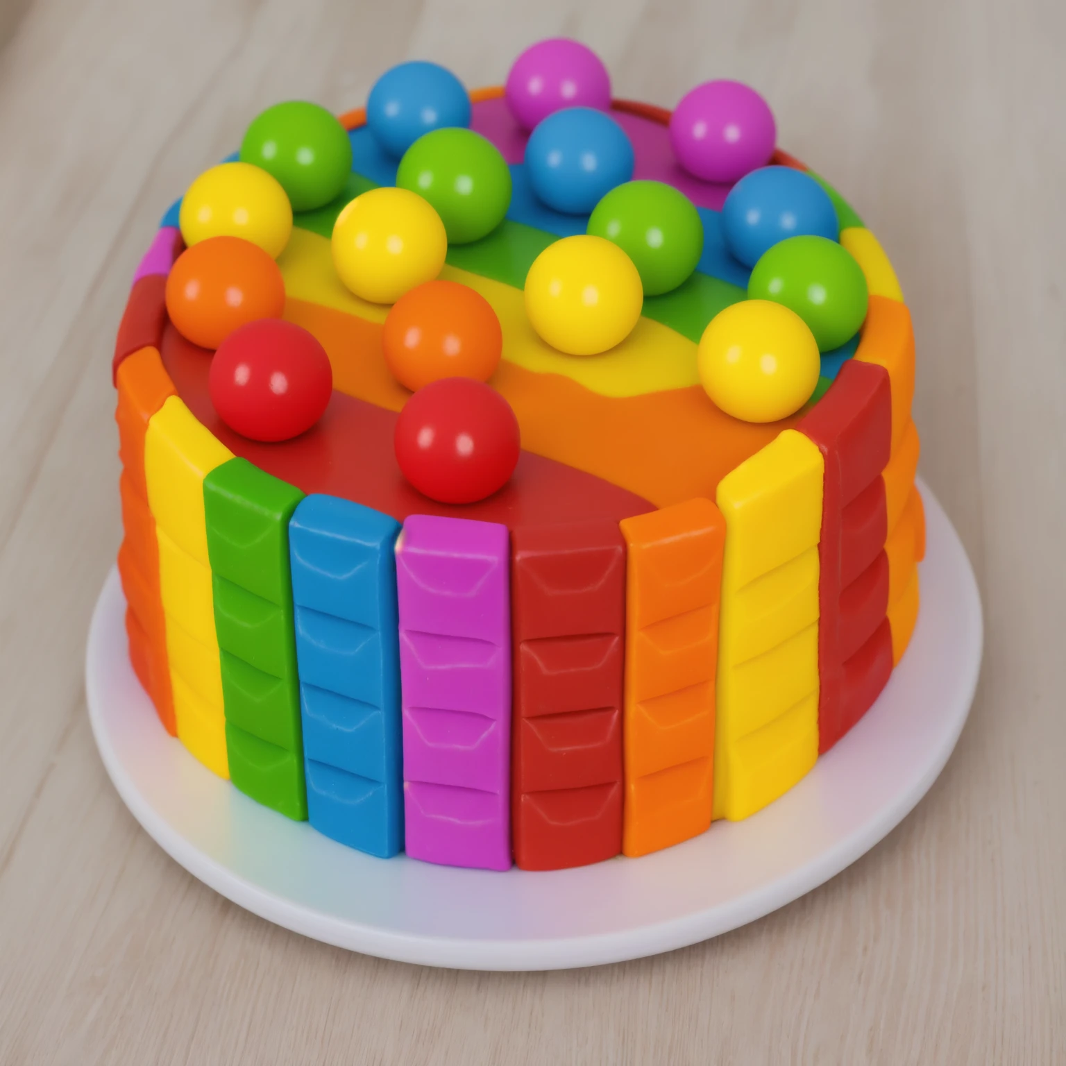 on a wooden table, cake on a white plate. rainbow chocolate bar cake, rainbow ganage on top, rainbow spheres made of polymer clay, Realistic style, realistic texture, detailed texture, bright lighting, Beautiful light from the window, high quality, A high resolution, macro photography, ultra hd 4k, Beautiful sunlight