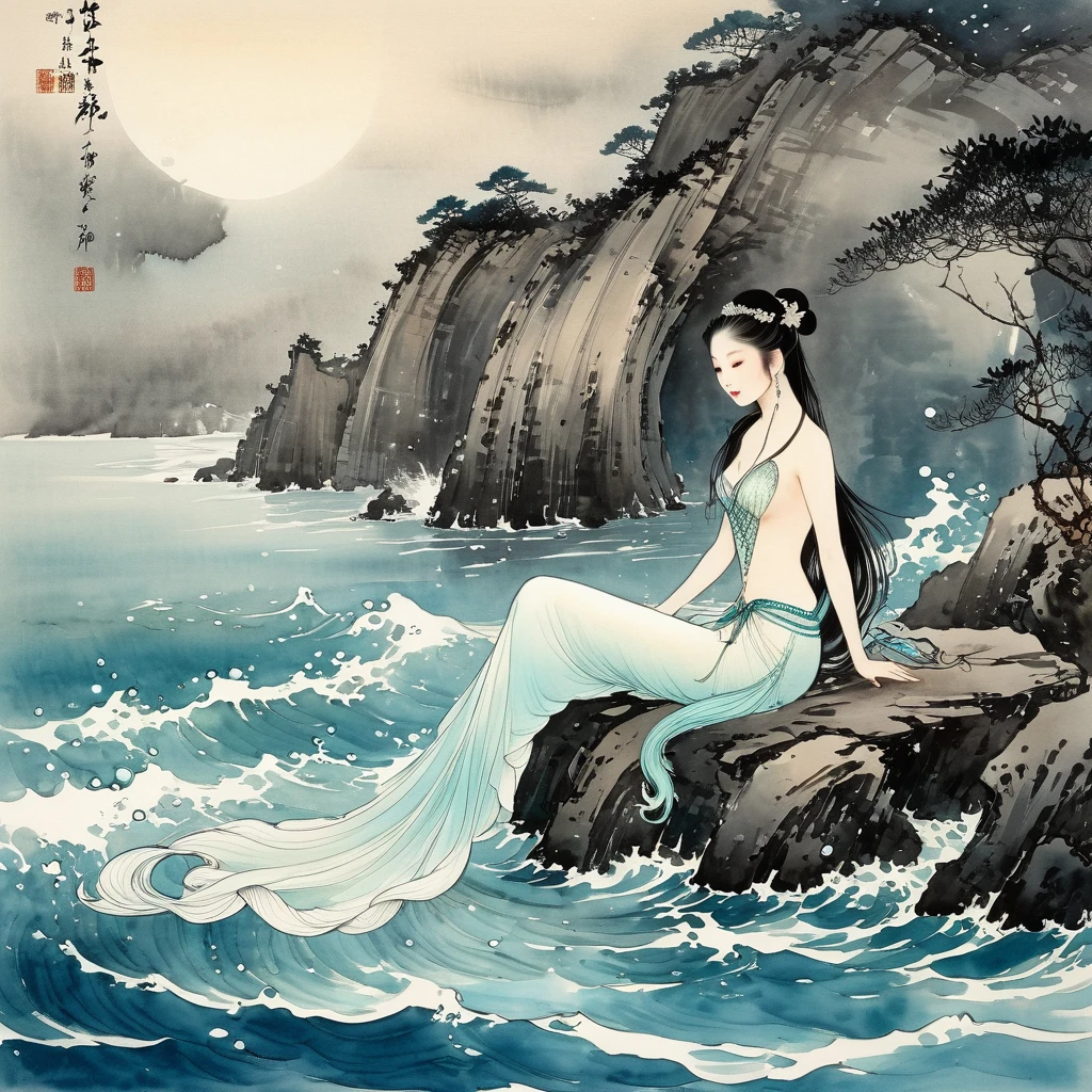 (best quality, masterpiece:1.2),ultra-detailed,beautiful mermaid, (perfect upper body, huge breasts, wide hips), (nude, nipples:1.3), seaside view,wu guanzhong style,ocean waves,sparkling sunlight,curved tail,flowing hair,pearl necklace,fish companions,serene expression,enchanting eyes,scales reflecting light,gentle smile, vibrant colors,peaceful atmosphere,dynamic brushstrokes,harmonious composition,lively and vibrant,impressionistic touch