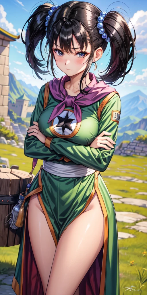 masterpiece, best quality, 4k, 8k, fighter (dq3), 1girl, solo, long hair, twintails, looking at viewer, black hair, hair ornament, long sleeves, dress, medium breasts, closed mouth, cowboy shot, black eyes, chinese clothes, hair bobbles, clenched hand, crossed arms, Feet Apart, Ancient Castle