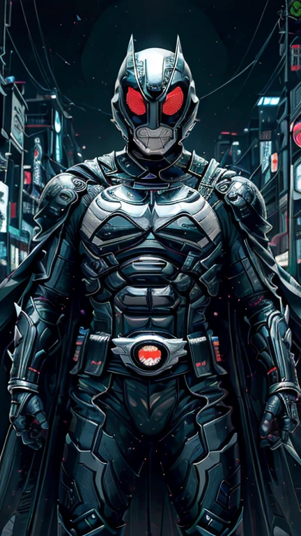 (8k),(masterpiece),(Japanese),(8--old ),((innocent look)),((Childish)),From the front,smile,cute,Innocent,Kind eyes,Flat chest, black helmet, black domino mask,white mask black cape, Batman,Bald,No Hair, Henshin Pose,night,dark, Neon light cyberpunk city,Kamen rider,camisa