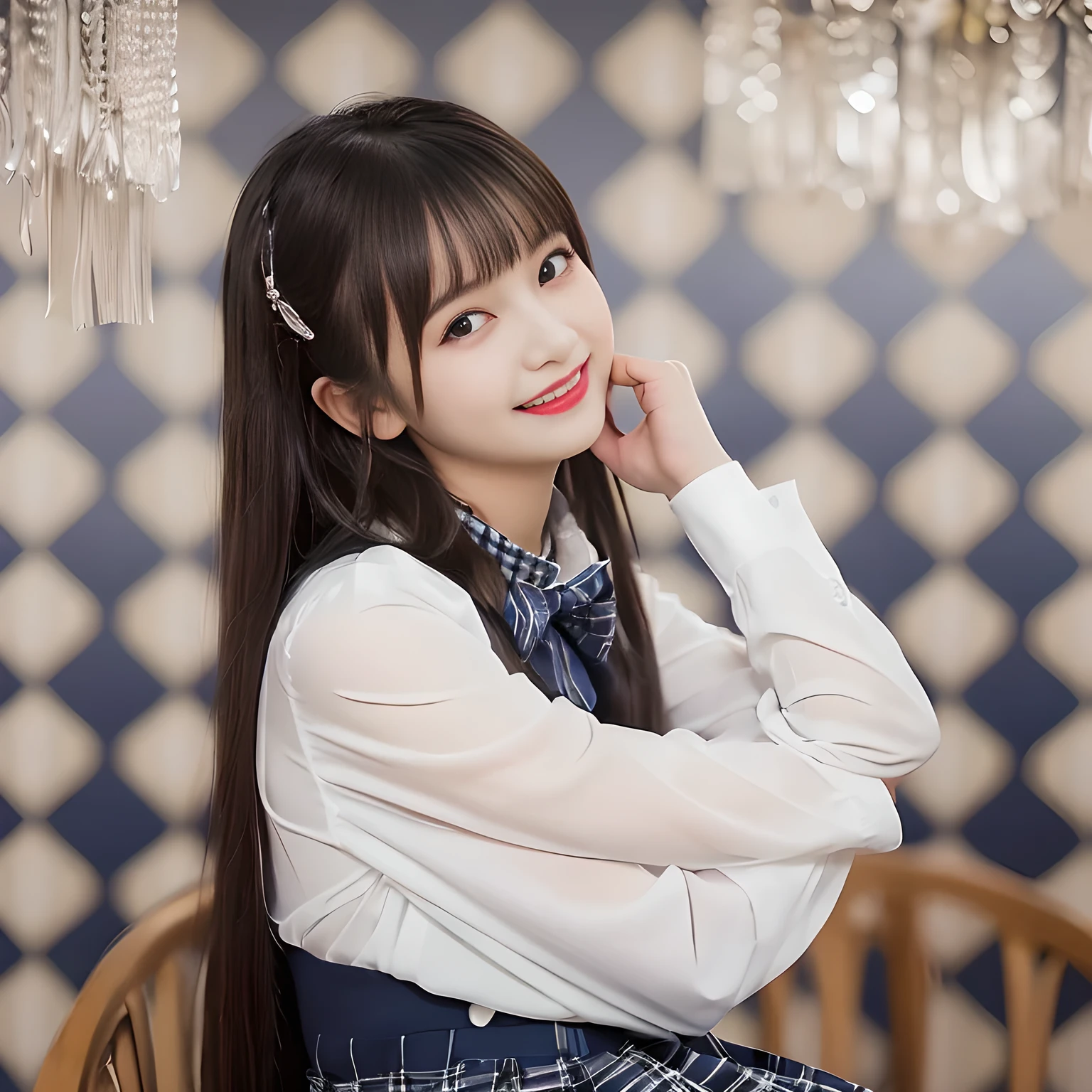 (highest quality, masterpiece:1.2), highest quality, High resolution, 1080P, 8K, Height: 150cm, ((A noble and intelligent girl like Japanese cute girly lady is hypnotizing and giggling, A very sweet, very noble, pretty and neat Japanese beautiful cute girl. Realistic very girly sweet cute evil girl like a princess is seated in girly dark evil checked skirts with evil thought in a deep succubus school nightmare)), まるでチェックスカートのようなカーテン, ((((14 years old, popular Japanese fashion model)))), ((((White face with plump cheeks)))), Glossy lips, (Evenly cut bangs), ((Very beautifully laughing brown drooping gooey cute neat noble eyes)), ((straight black very very long straight hair)), Very lustrous, glossy lips, Open hand over open mouth, Beautiful hair like a hair model, Watching the viewer and laughing, ((Incredibly well organized, The expression is rich. plump and beautiful skin and face)), ((Pure and clear sweetly smiling eyes)), ((smiling at me)), Glossy Lips, ((noble and neat)), ((Like a succubus is fascinating with magic and giggling)), ((((A succubus is fascinating and calling to the deeper place forever)))), ((highly up-curved lips)), ((looking at the viewer directly)), white hands, ((Navy girls high school sailor uniform, Navy uniform sailor collar, Navy uniform checkered pleated skirt, Navy school shirt, Blue string ribbon tie)), (((((hugging and deep kissing girl's symbols arts background)))))