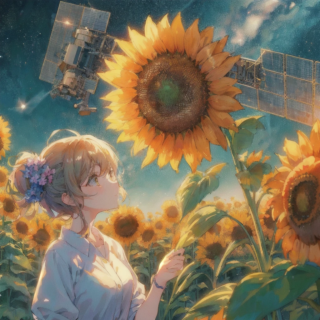 Anime girl admiring sunflowers in a field with the sky in the background,Artificial satellites in the sky, 80s anime style,anime art wallpaper 4k, anime art wallpaper 4k, Anime Art Wallpapers 8K, Makoto Shinkai Cyril Rolland, anime wallpaper 4k, anime wallpaper 4k, 4K Manga Wallpapers, Anime Background, Anime Aesthetics, Anime atmosphere, Anime Style 4k