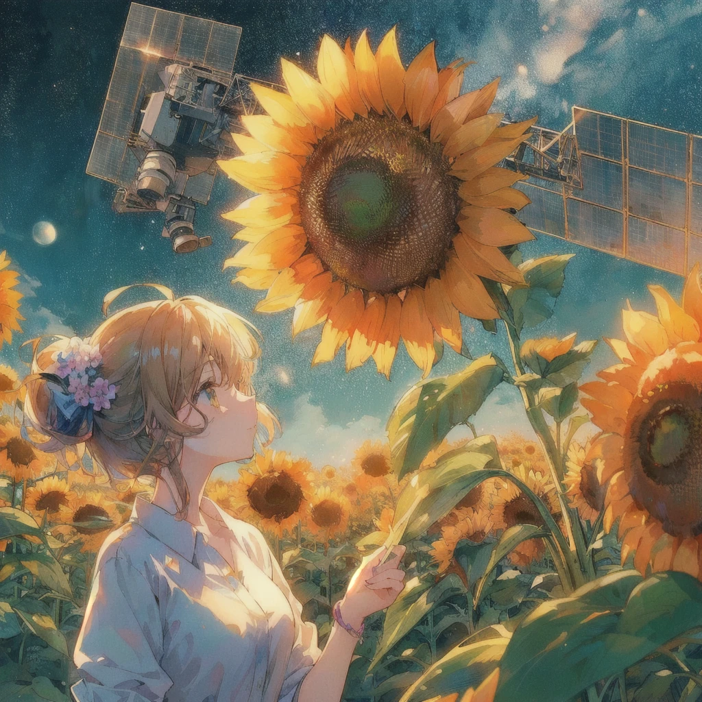 Anime girl admiring sunflowers in a field with the sky in the background,Artificial satellites in the sky, 80s anime style,anime art wallpaper 4k, anime art wallpaper 4k, Anime Art Wallpapers 8K, Makoto Shinkai Cyril Rolland, anime wallpaper 4k, anime wallpaper 4k, 4K Manga Wallpapers, Anime Background, Anime Aesthetics, Anime atmosphere, Anime Style 4k