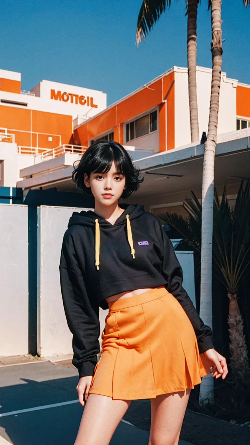 35mm Vintage photo of long shot portrait of cute 23 yo girl ,(perfect natural breast),wear ((orange color oversized hoodie)), wear ((purple tennis skirt)),looking viewer,Best Quality,Masterpiece,Ultra High Resolution,(Realisticity:1.4),Original Photo, 1Girl, light leak,ultra high resolution,UHD,beautiful, (black bob hair), almond eye, no makeup, in front of ((80's mondrian architecture motel)), (realistic:1.2), (surreal:1.3), (very detailed:1.1), ((masterpiece)),summer, blue sky, palm trees,sunny, los angles vibes,film camera, 800mm lens,style of Philip Lorca diCorcia,beautiful face, (realistic face), (black hair, short hair:1.3), analog film photo, Kodachrome
