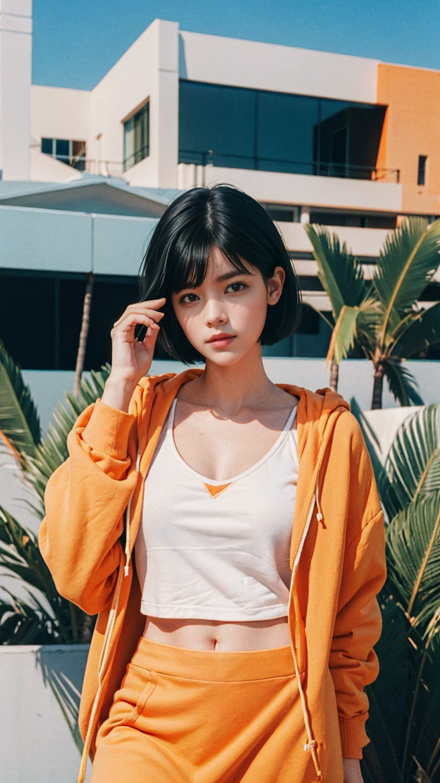 35mm Vintage photo of long shot portrait of cute 23 yo girl ,(perfect natural breast),wear ((orange color oversized hoodie)), wear ((purple tennis skirt)),looking viewer,Best Quality,Masterpiece,Ultra High Resolution,(Realisticity:1.4),Original Photo, 1Girl, light leak,ultra high resolution,UHD,beautiful, (black bob hair), almond eye, no makeup, in front of ((80's mondrian architecture motel)), (realistic:1.2), (surreal:1.3), (very detailed:1.1), ((masterpiece)),summer, blue sky, palm trees,sunny, los angles vibes,film camera, 800mm lens,style of Philip Lorca diCorcia,beautiful face, (realistic face), (black hair, short hair:1.3), analog film photo, Kodachrome