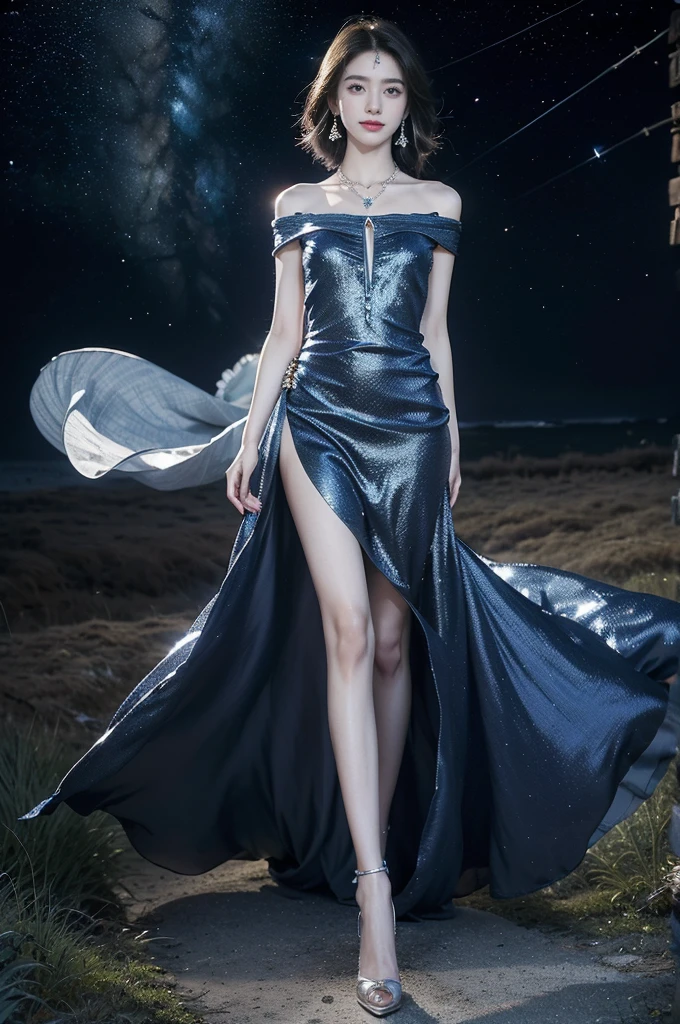 (((best quality))),(((ultra detailed))),(((masterpiece))),illustration,((A beautiful female astrologer,solo)),((slim,thin)),((small breasts,flat chest)),((shoulder length straight bob hair)),(laughing:1.2),(earrings,necklace),(sparkled sheer shirt-dress:1.3),(slender legs),standing beneath a magical summer night, stars twinkling in the velvety darkness,starry sky, sapphire eyes filled with wonder, flowing ethereal gown mimicking the stars, silver pendant shaped like a horoscope,serene smile and captivating gaze, celestial beauty and mystery, solace and inspiration in the vast expanse of the universe,((from front,full body,arms behind back))