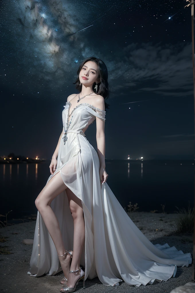 (((best quality))),(((ultra detailed))),(((masterpiece))),illustration,((A beautiful female astrologer,solo)),((slim,thin)),((small breasts,flat chest)),((shoulder length straight bob hair)),(laughing:1.2),(earrings,necklace),(sparkled sheer shirt-dress:1.3),(slender legs),standing beneath a magical summer night, stars twinkling in the velvety darkness,starry sky, sapphire eyes filled with wonder, flowing ethereal gown mimicking the stars, silver pendant shaped like a horoscope,serene smile and captivating gaze, celestial beauty and mystery, solace and inspiration in the vast expanse of the universe,((from front,full body,arms behind back))