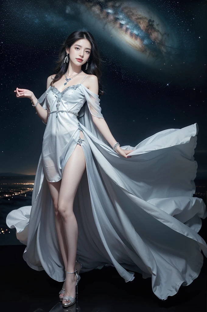 (((best quality))),(((ultra detailed))),(((masterpiece))),illustration,((A beautiful female astrologer,solo)),((slim,thin)),((small breasts,flat chest)),((shoulder length straight bob hair)),(laughing:1.2),(earrings,necklace),(sparkled sheer shirt-dress:1.3),(slender legs),standing beneath a magical summer night, stars twinkling in the velvety darkness,starry sky, sapphire eyes filled with wonder, flowing ethereal gown mimicking the stars, silver pendant shaped like a horoscope,serene smile and captivating gaze, celestial beauty and mystery, solace and inspiration in the vast expanse of the universe,((from front,full body,arms behind back))