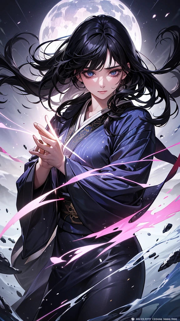 Highest quality, Ultra-high resolution, (Realistic: 1.4), Beautiful eyes, Super beautiful, Beautiful beauty, One person、Wizard, Japanese style black and purple tones、water and ice、whole body、(Black Hair、Medium Hair),Beautiful soldier, Eyes that beckon, Droopy eyeistress's point of view, Attractive look, Fearless smile, (Perfect Anatomy, Anatomically correct, Highly detailed skin), Dancing, snow