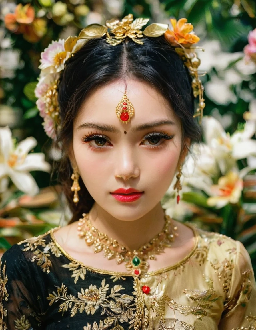 beautiful detailed eyes, beautiful detailed lips, extremely detailed eyes and face, long eyelashes, 1 girl, asian woman, wearing traditional kebaya dress, graceful pose, serene expression, ornate floral pattern, elegant accessories, golden jewelry, lush tropical foliage background, soft lighting, cinematic composition, photorealistic, 8k, high quality, masterpiece, extremely HDR