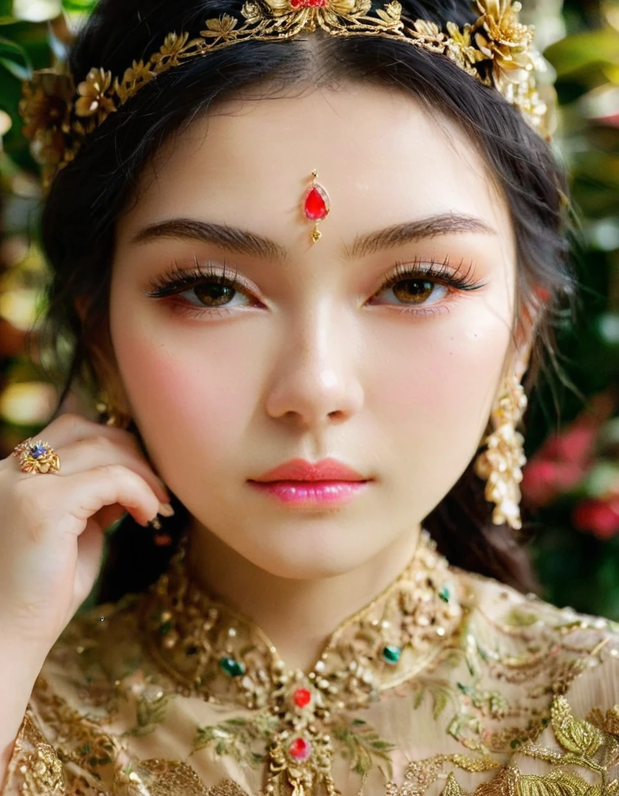 beautiful detailed eyes, beautiful detailed lips, extremely detailed eyes and face, long eyelashes, 1 girl, asian woman, wearing traditional kebaya dress, graceful pose, serene expression, ornate floral pattern, elegant accessories, golden jewelry, lush tropical foliage background, soft lighting, cinematic composition, photorealistic, 8k, high quality, masterpiece, extremely HDR