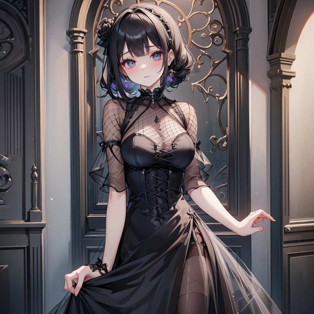 kinky girl, gothic dress,(((fully mesh dress))),tulle dress,