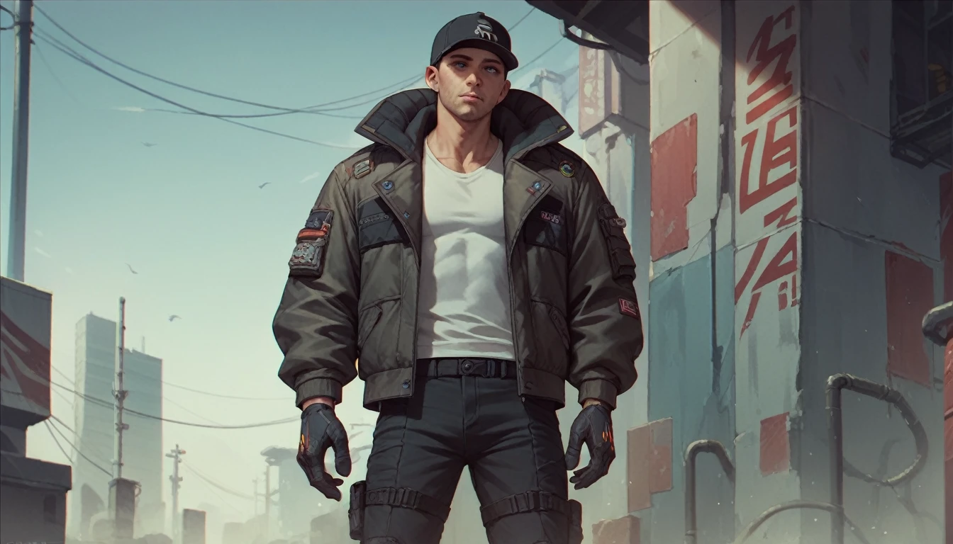 human with a jacket cap and slide pants futuristic version clothes