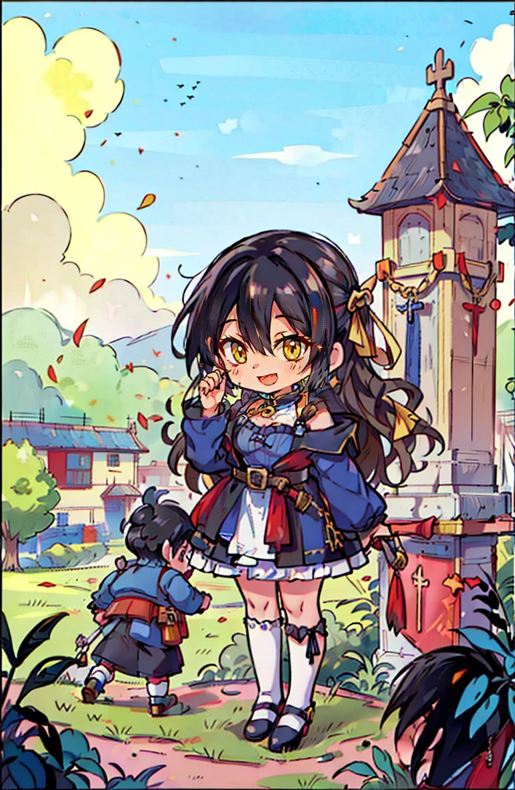(masterpiece:1.2), (high quality:1.2), (hui xiyi:0.75), rekkyo sensen, rekkyou sensen, (full body, chibi girls:1.45), solo focus, girls with((black hair, tits cleavage, exposed breasts, breasts close up, dress, (blue clothes:1.3), ribbon belt, off-shoulder sleeves, long sleeves, furry jacket, frills shirt, frills camisole, straps, (rosary choker, golden rosary, cross:1.05), (left legwear, white legwear:1.47), high heels, shoes, (long wavy hair, one side up:1.4))), background with ((architecture, blue sky, building, bush, castle, village, no humans, cloud, cloudy sky, day, fence, field, garden, grass, hill, house, lamppost, landscape, mountain, mountainous horizon, nature, no humans, outdoors, scenery, shrine, sky, tower)), cowboy shot, anime, anime style
