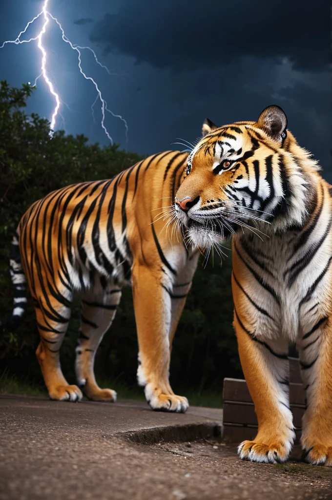 Lightning in the background。Front view of a tiger