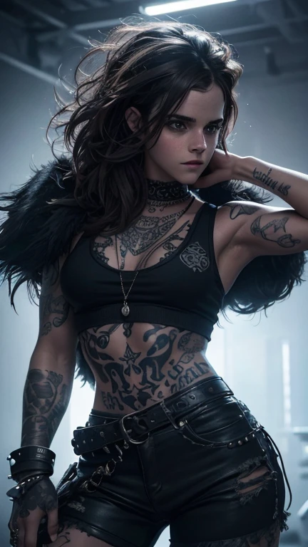 Emma Watson, a beautiful girl, tight fitting body, tank top, tattooed body, black hair, punk style, hyperrealistic, highly detailed, masterpiece, photorealistic, cinematic lighting, ultra-detailed, 8k, extremely detailed face and eyes, intricate details, dramatic contrast, vibrant colors, moody atmosphere