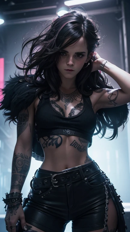 Emma Watson, a beautiful girl, tight fitting body, tank top, tattooed body, black hair, punk style, hyperrealistic, highly detailed, masterpiece, photorealistic, cinematic lighting, ultra-detailed, 8k, extremely detailed face and eyes, intricate details, dramatic contrast, vibrant colors, moody atmosphere