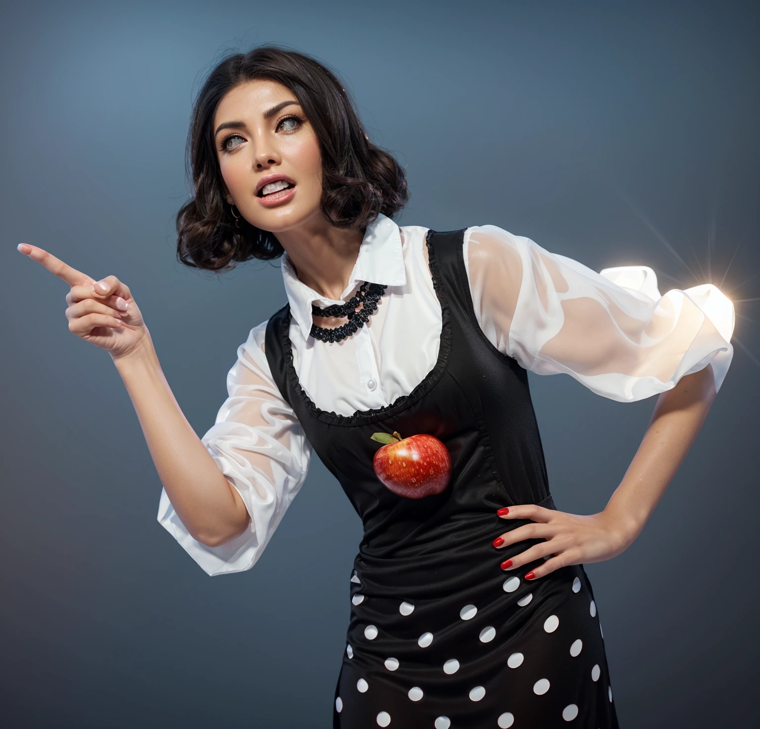 Angry woman in a black and white dress with a large red apple on her chest points to the right, smooth 3d model, glossy plastic texture, multiple light sources, rim light, sharp post effects render, most beautiful vfx, , realistic, 4k, high resolution, rim light, smooth 3d model. , glossy texture, smooth 3d model, multiple light sources, rim light, sharp post effects render, (glossy plastic texture with multiple big light probe refractions), perfect cgi, reflective, best quality, 4k, masterpiece:1.2, ultra-detailed, realistic, vivid colors, The image of the highest quality, ensuring every detail showcased perfectly. It in 4k resolution, allowing viewers to immerse themselves in the richness of the colors and intricate details. The realistic rendering. under the spotlight, reflecting, high-resolution image, realistic rendering