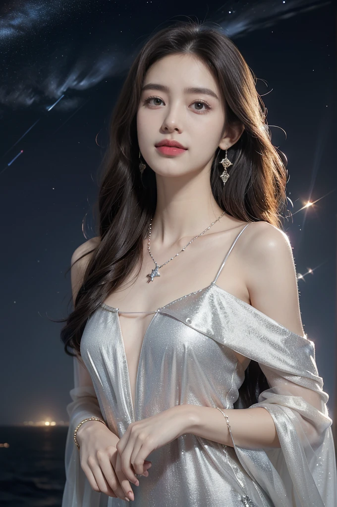 (((best quality))),(((ultra detailed))),(((masterpiece))),illustration,((A beautiful female astrologer,solo)),((slim,thin)),((small breasts,flat chest)),((shoulder length straight bob hair)),(laughing:1.2),(earrings,necklace),(sparkled sheer shirt-dress:1.3),standing beneath a magical summer night, stars twinkling in the velvety darkness,starry sky, sapphire eyes filled with wonder, flowing ethereal gown mimicking the stars, silver pendant shaped like a horoscope,serene smile and captivating gaze, celestial beauty and mystery, solace and inspiration in the vast expanse of the universe,((from front,upper body))