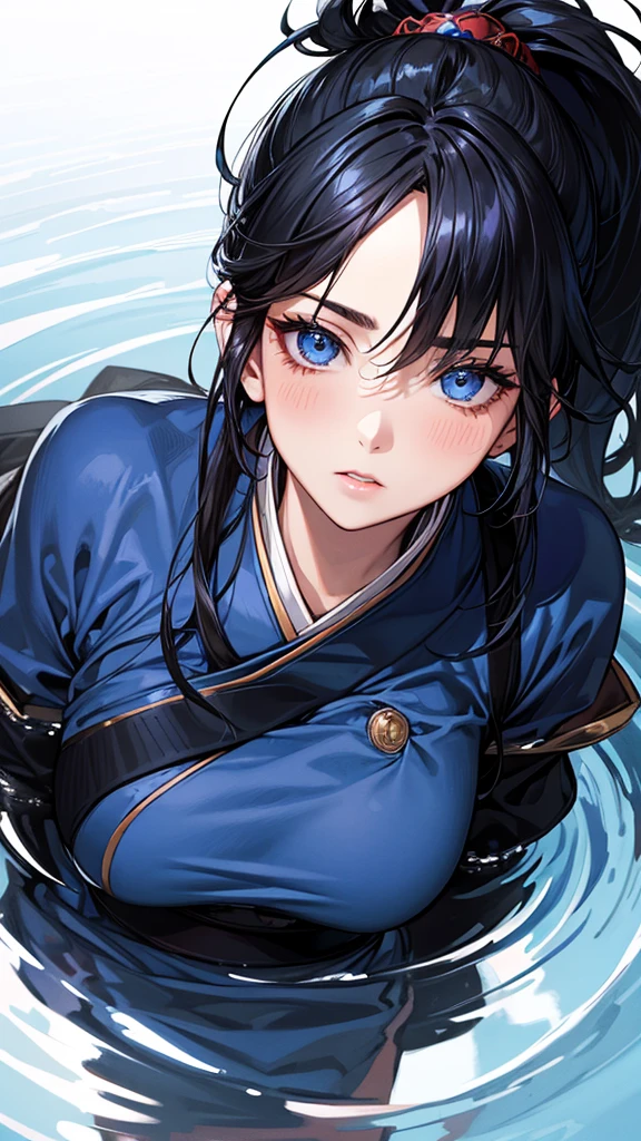 Highest quality, Ultra-high resolution, (Realistic: 1.4), Beautiful eyes, Super beautiful, Beautiful beauty, One person、Warrior, Japanese style dark blue tones、water and ice、whole body、(Black Hair、ponytail),Beautiful soldier, Eyes that beckon, Droopy eyeistress's point of view, Attractive look, Fearless smile, (Perfect Anatomy, Anatomically correct, Highly detailed skin), Dancing,