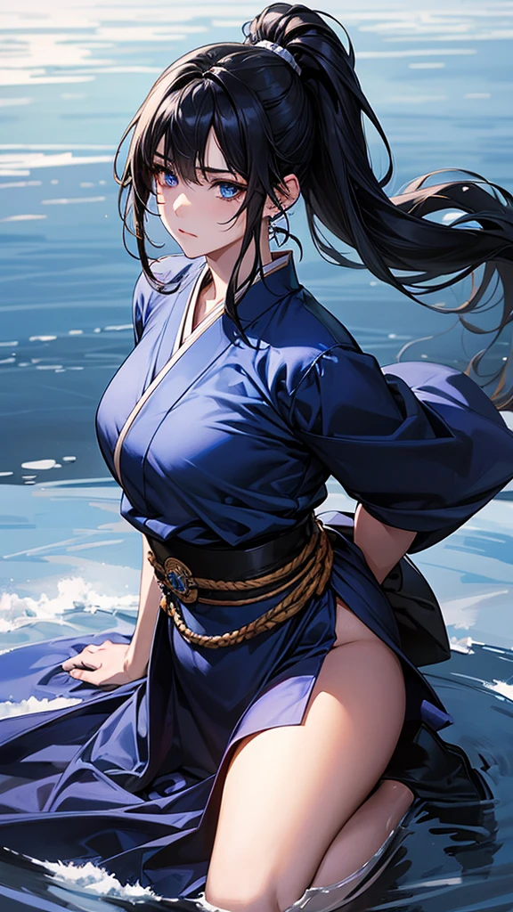 Highest quality, Ultra-high resolution, (Realistic: 1.4), Beautiful eyes, Super beautiful, Beautiful beauty, One person、Warrior, Japanese style dark blue tones、water and ice、whole body、(Black Hair、ponytail),Beautiful soldier, Eyes that beckon, Droopy eyeistress&#39;s point of view, Attractive look, Fearless smile,  (Perfect Anatomy, Anatomically correct, Highly detailed skin), Dancing, 