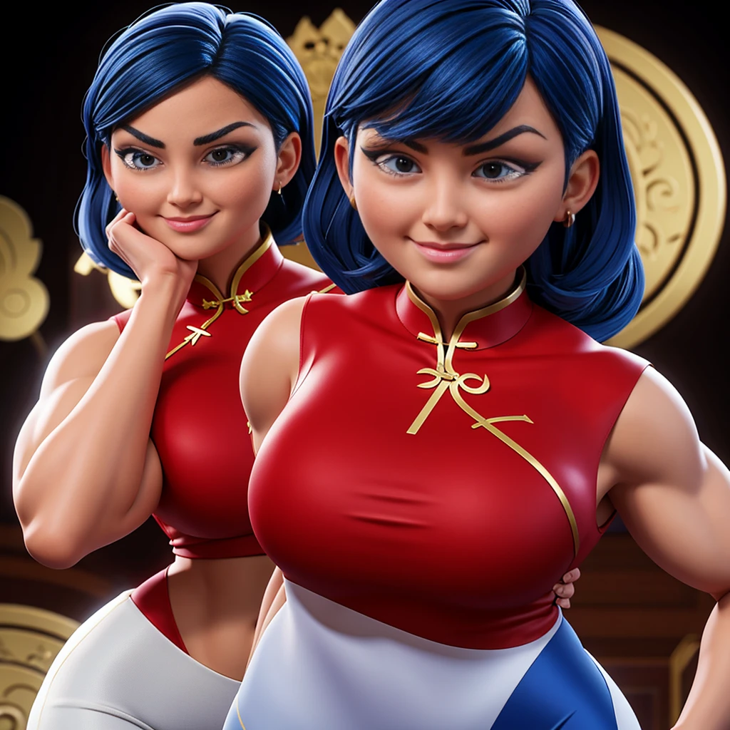 (masterpiece, best quality:1.2), 1girl, solo,dark blue hair,gray eyes, she wear's a white Cheongsam with a red, black and gold plant design, periwinkle pants and black and white dress shoes. She wears a silver band on her ring finger.muscular female bodybuilder, strong and defined muscles, intense expression, confident pose, gym backdrop, sweat glistening on her skin, veins bulging, toned physique, powerful presence, professional lighting, vibrant colors, realism, extreme detail description, sharp focus, (best quality, 4k, highres, masterpiece:1.2), physically-based rendering, bodybuilding competition, intense workout, determination, dedication, muscular symmetry, fitness journey, weightlifting, athletics, vibrant energy, bokeh, dynamic composition.