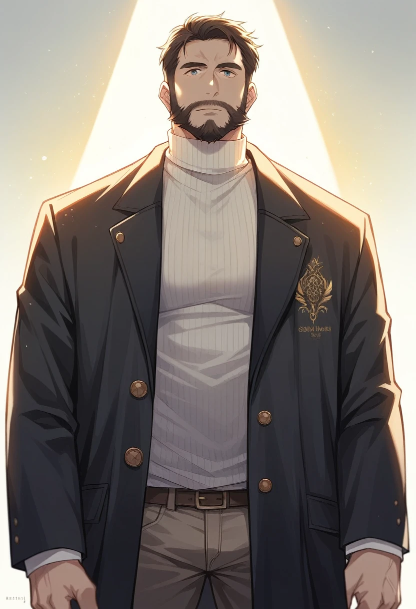 1 boy, Cowboy shots by re8dfield, beard, beard, Black coat, turtleneck sweater, Volumetric Lighting, best quality, masterpiece, Intricate details, Tone Mapping, Clear focus, Ultra Detailed, Popular on ArtStation, Looking at the audience, Practical