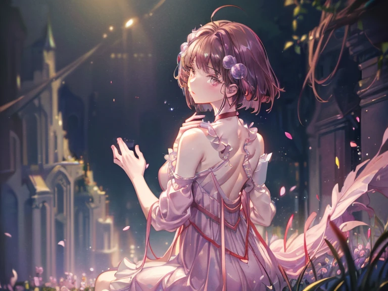 (masterpiece, absurd quality, best quality, official art, beautiful and aesthetic, water color:1.2), (dark:1.5),　shiny art,16K, Detailed, curvaceous, (abstract background:1.5), (blurry background:1.5), cinematic lighting, golden ratio, beautiful lighting, Ambient Light, particles of light, Realistic Shadows,Soft Lighting, cute petit girl, extreme detailed, colorful, highest detailed, pastel color, (transform sequence), babyface, cinematic lighting, cowboy shot, looking at viewer, landscape, scenery, scenery, flower field, lipstick, eyelashes, extremely detailed face, pale skin, (perfect legs, perfect hands, perfect ),depth of field, dappled sunlight, beautiful lighting, (solo:1.5), floating hair, floating cloths, ,detailed skin, highest detailed face, light particles, volumetric lighting, intricate details, finely detailed, masterpiece, best quality, (Reala:1.5), (hair ornament:1.2), red choker, (pale pink dress:1.2), (voluminous panniers:1.5), lipstick, shiny skin, shiny hair, shiny face, shiny skin, shiny clothes, abandoned building, dappled sunlight, outstretched arms, from above, renaissance period, religious painting, (from back:1.7), (from below:1.5), (closed-up shoulder:1.7), large breasts, beautiful breasts, girl around 15 years old, (upper body:1.5), (sitting, knees up,:1.5), Remains, dutch angle, sparkle background, overgrown, ruins, dynamic angle, (back:1.5)