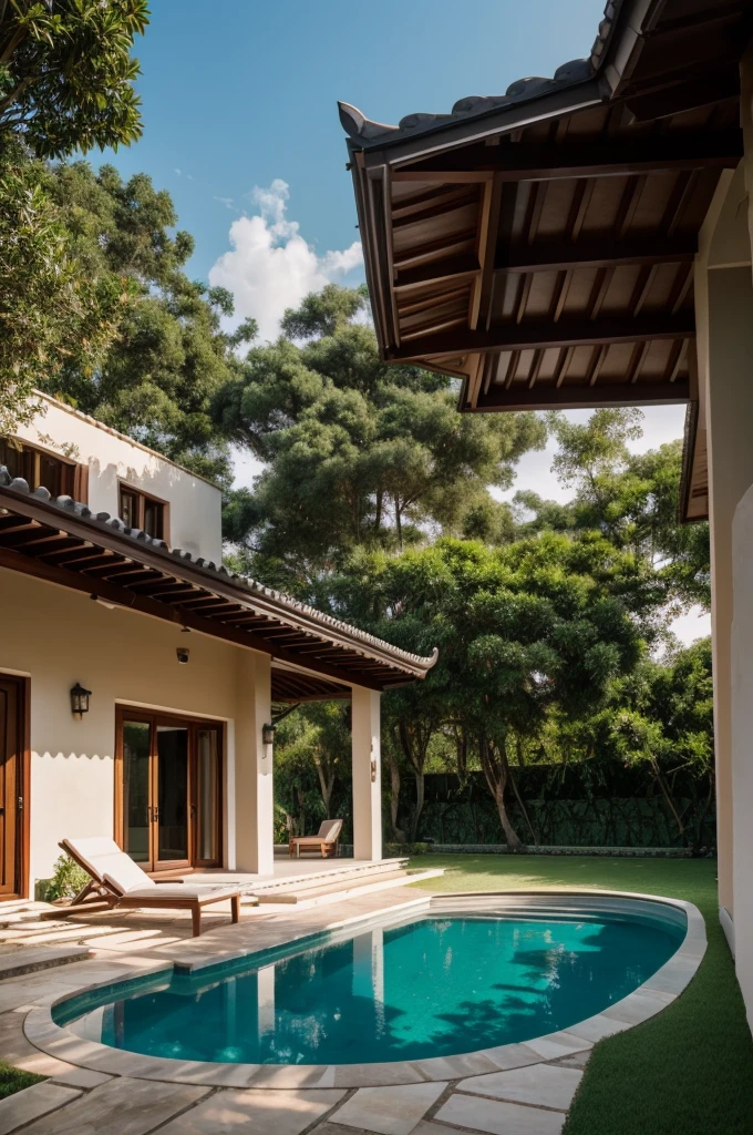 Picture a modern countryside villa exterior in Vietnam, featuring a sloped roof, ((stone)), traditional Vietnamese elements, a spacious courtyard with expansive green lawns, and tropical trees, surrounded by a lively morning atmosphere filled with genuine sunlight, Photography, use a wide-angle lens on a professional-grade camera to capture the authenticity of the scene,
RAW photo, (high detailed skin:1.2), 8k UHD, DSLR, soft lighting, high quality, film grain, Fujifilm XT3 3ArchiAI_countryvilla