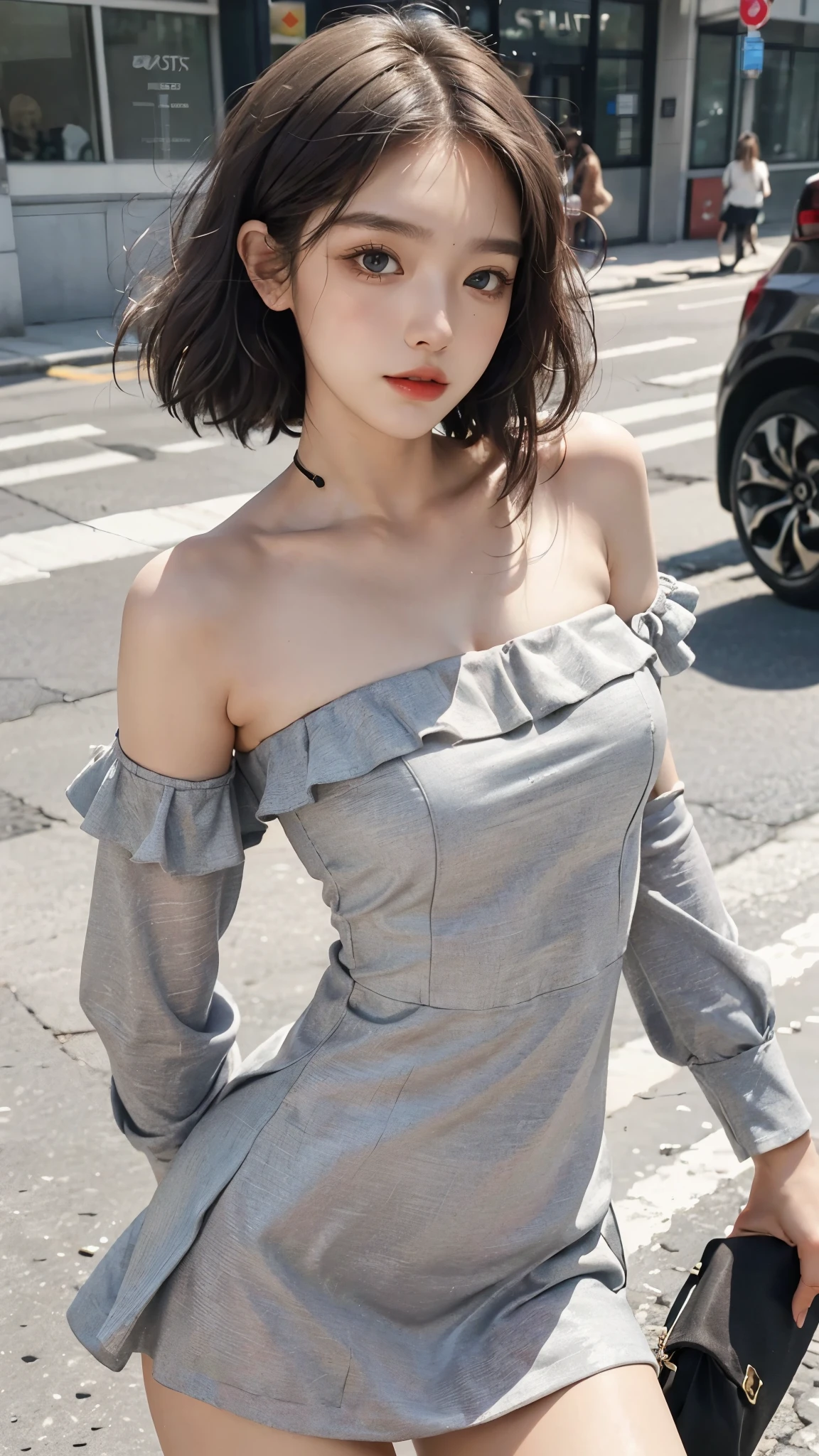 ((Best quality, 8K, tmasterpiece:1.3)), focal point:1.2,Bust photo，upper legs，Ultra-realistic skin texture，Beautiful woman with perfect body:1.4, Upturned buttocks:1.2, ((Cut hair into layers, normal:1.2)), , (Sateen, the street:1.3), Bandeau Dress:1.1, Highly Detailed Face and Skin Textur, Detailed eyes, double eyelid，Whitening Skin，Long gray hair,(with a round face:1.5)，Superskirt，nipple bump，Drenched