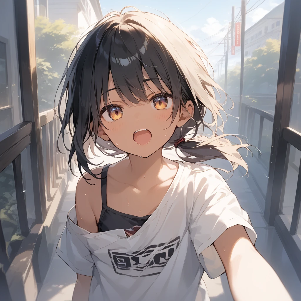 score_9, score_8_up, score_7_up, source_anime, best quality, masterpiece, official art, absurdres, highres, ultra-detailed,waifu2x,Collection: Slice of Life,break,1girl, tomboy, dark-skinned female, short hair, low ponytail, flat chest, beautiful detailed eyes, short shorts, sweat, open mouth, (yawn:0.3), sleepily, outdoors, wind,break,(clear line illustration:1.2), super detailed skin,very high resolution, very aesthetic, Best sexual lighting powered by famous artist, 8k,cute picture,beauty illustration,photoshop_(medium),,(Detailed Lighting),best anime 8k konachan wallpaper, pixiv contest winner,