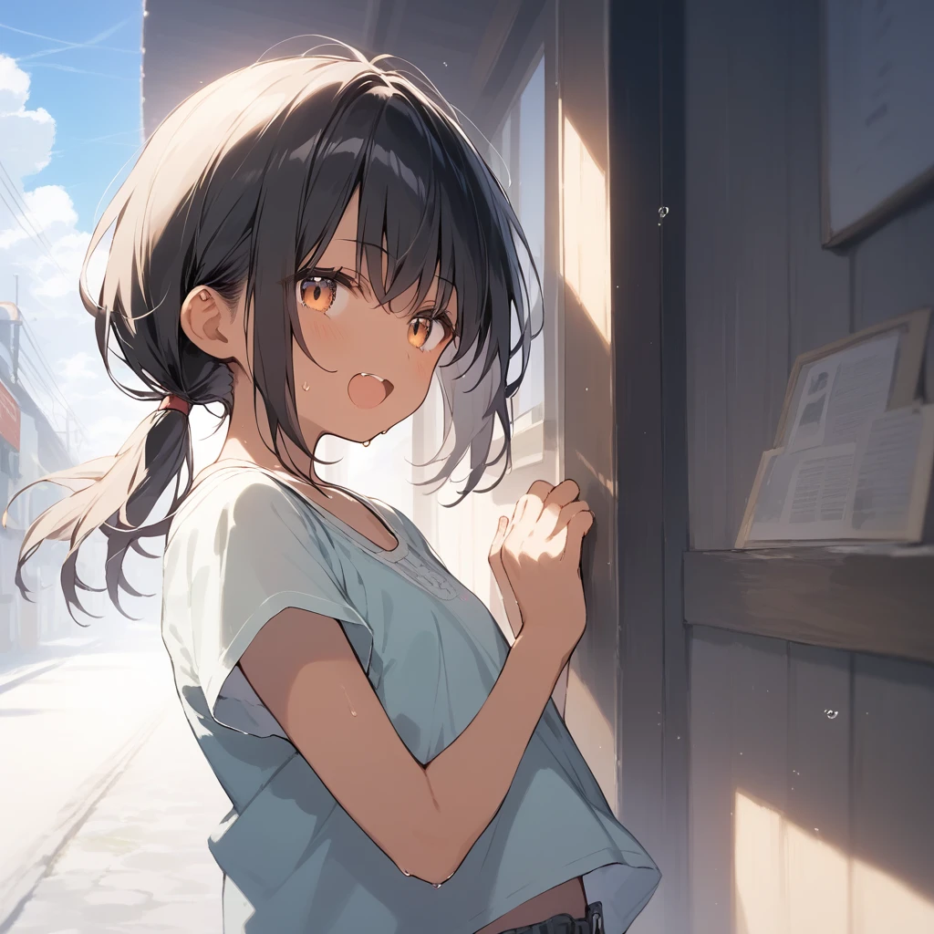 score_9, score_8_up, score_7_up, source_anime, best quality, masterpiece, official art, absurdres, highres, ultra-detailed,waifu2x,Collection: Slice of Life,break,1girl, tomboy, dark-skinned female, short hair, low ponytail, flat chest, beautiful detailed eyes, short shorts, sweat, open mouth, (yawn:0.3), sleepily, outdoors, wind,break,(clear line illustration:1.2), super detailed skin,very high resolution, very aesthetic, Best sexual lighting powered by famous artist, 8k,cute picture,beauty illustration,photoshop_(medium),,(Detailed Lighting),best anime 8k konachan wallpaper, pixiv contest winner,