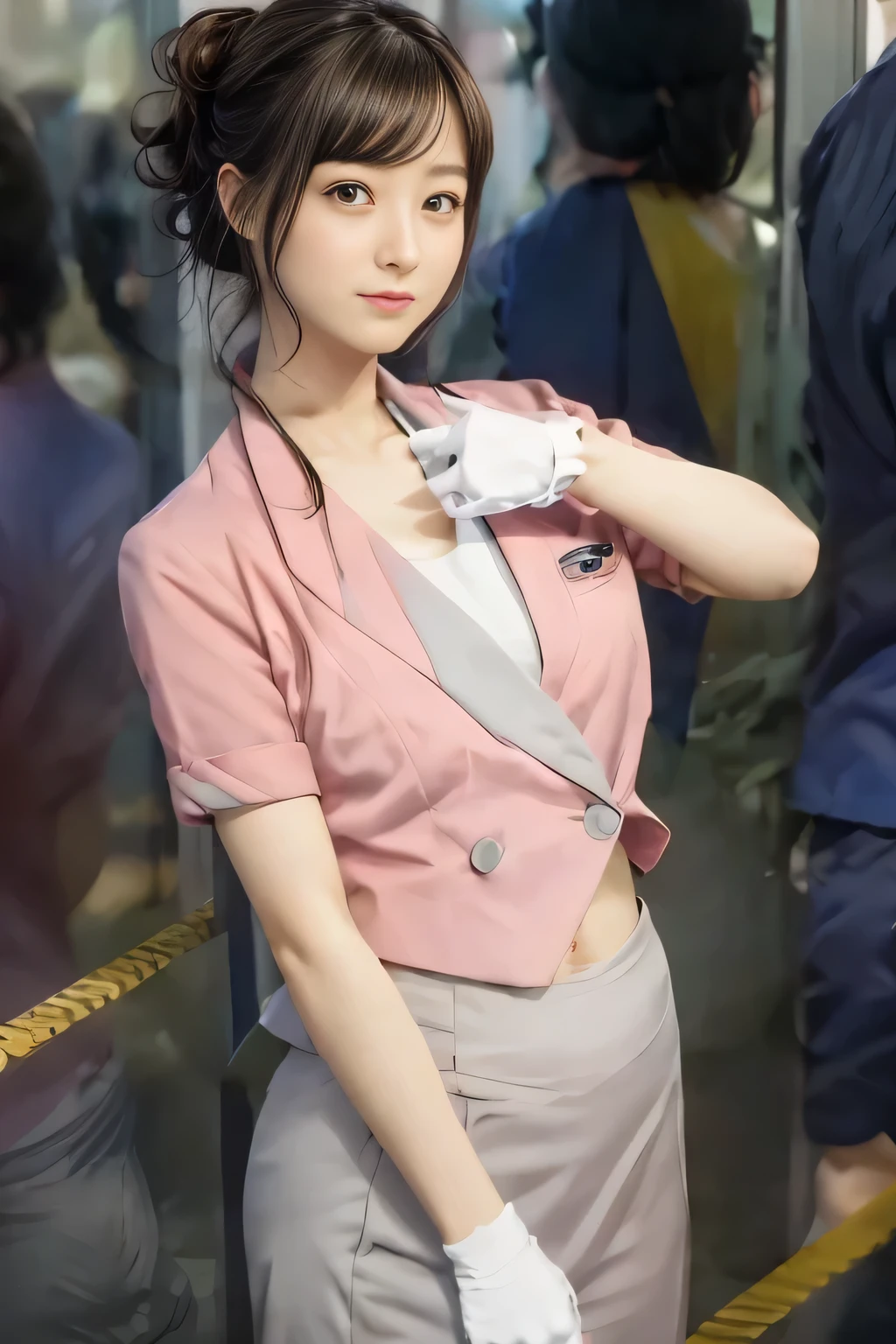 Showing your belly button、(masterpiece:1.2, Highest quality:1.2), 32k HDR, High resolution, (alone、1 Girl)、 (height: 160cm)、（Building rooftop in the daytime、Professional Lighting）、Building rooftop background、（Nankai train crew uniform pinkを着たリアルスタイル）、（Nankai Electric Railway crew uniform, pink, Short sleeve, Collarless, pink jacket、Nankai Electric Railway crew uniform pink no-collar short-sleeve blouse、Nankai Electric Railway crew uniform, pink grey, Knee-length culottes）、（A pink jacket peeks out from under the culottes.）、Dark brown hair、（Hair tied up、Hair tied up、Evening curly hairstyles）、Dark brown hair、Long Shot、Big Breasts、Thin legs、（（Great hands：2.0）），（（Harmonious body proportions：1.5）），（（Normal limbs：2.0）），（（Normal finger：2.0）），（（Delicate eyes：2.0）），（（Normal eyes：2.0））)、smile、（Nankai Electric Railway crew uniform, pink grey, Knee-length culottesを見せた美しい歩く姿）、Place your hands around your stomach