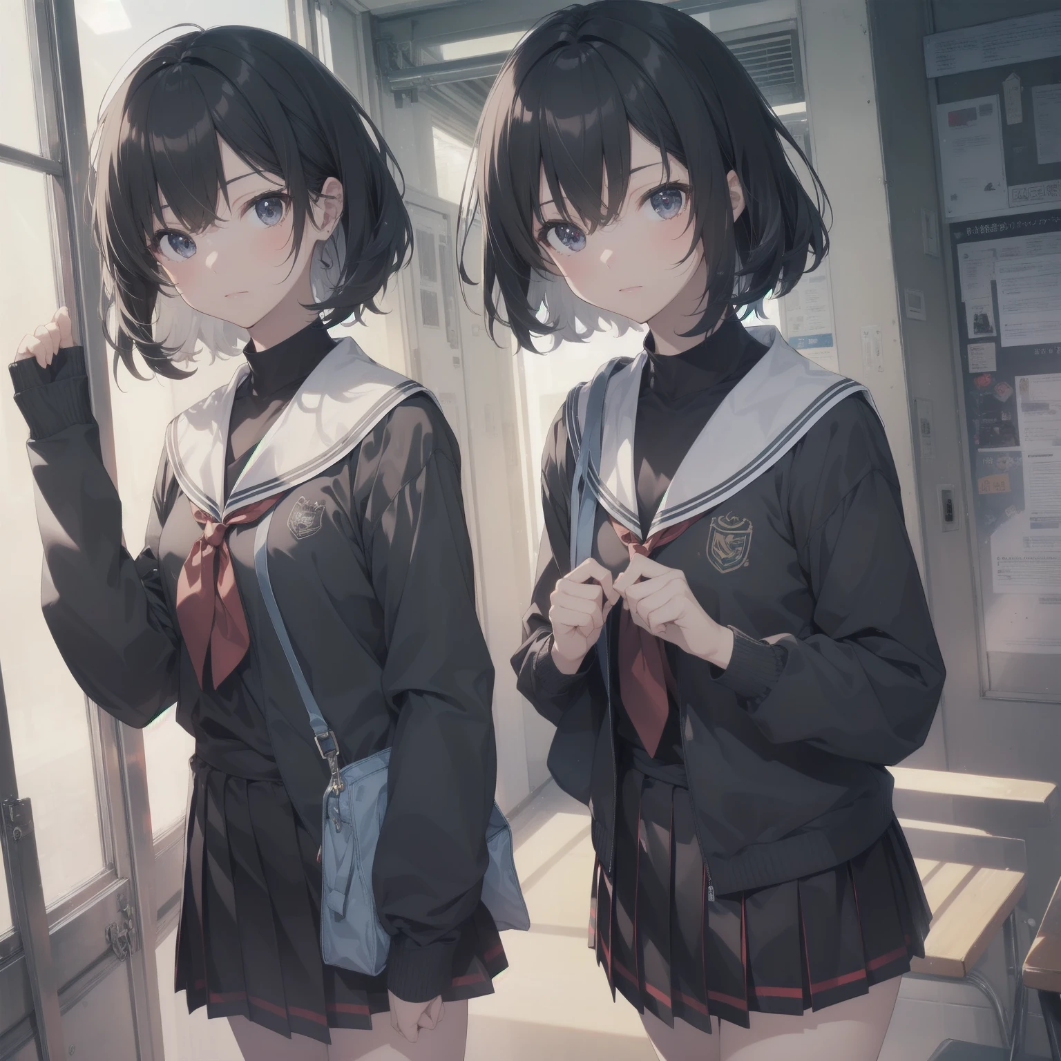 ultra-absurdres-Top quality by artist God, ultra-detailed, high resolution, anime moe artstyle, best anime 8k konachan wallpaper, pixiv contest winner, pool:2810, perfect anatomy,break, 1girl, (Please draw a girl walking sleepily to school alone. )break,(Solo,little female, 13-year-old:1.3),Full limbs, complete fingers,a junior high school student, (very short hair), short cut, flat chest, , small butt, small black eyes, beautiful detailed eyes, well-proportioned iris and pupils, expressive eyes, highres detailed hair, soft expression, salor school_uniform, sailor collar, serahuku, bow, pleated skirt,(Detailed Lighting), (Detailed background), in the School commute route. break,super detailed skin, Best cinematic lighting powered by famous artist, 8k,beauty illustration,photoshop_(medium),very aesthetic,break,((artist:gomashio_(goma_feet) )), artist:clamp ,artist:carnelian ,artist:kantoku ,