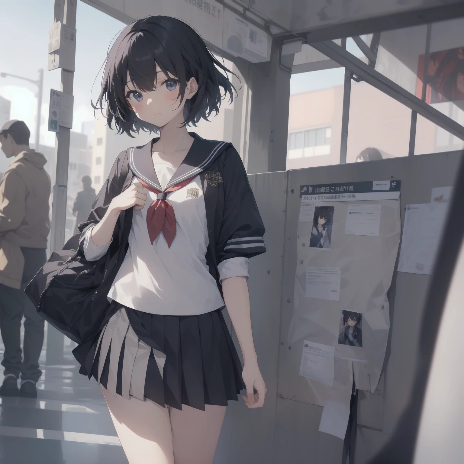 ultra-absurdres-Top quality by artist God, ultra-detailed, high resolution, anime moe artstyle, best anime 8k konachan wallpaper, pixiv contest winner, pool:2810, perfect anatomy,break, 1girl, (Please draw a girl walking sleepily to school alone. )break,(Solo,little female, 13-year-old:1.3),Full limbs, complete fingers,a junior high school student, (very short hair), short cut, flat chest, , small butt, small black eyes, beautiful detailed eyes, well-proportioned iris and pupils, expressive eyes, highres detailed hair, soft expression, salor school_uniform, sailor collar, serahuku, bow, pleated skirt,(Detailed Lighting), (Detailed background), in the School commute route. break,super detailed skin, Best cinematic lighting powered by famous artist, 8k,beauty illustration,photoshop_(medium),very aesthetic,break,((artist:gomashio_(goma_feet) )), artist:clamp ,artist:carnelian ,artist:kantoku ,